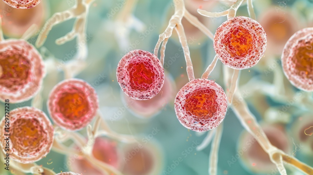 Poster an intricate and vibrant microscopic view of cells, showcasing detailed structures and colors that h