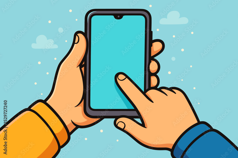 Poster hands holding a smartphone and using mobile app. person tapping or scrolling on the blank touchscree