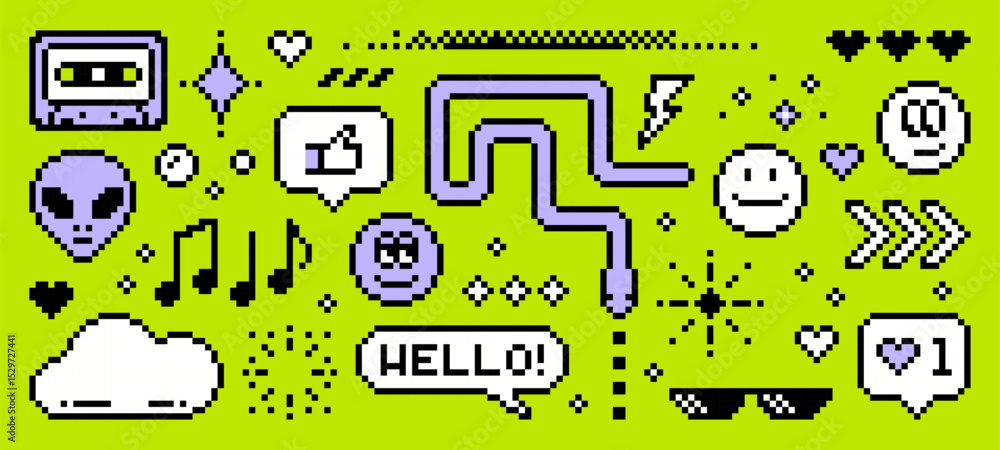 Poster pixel art y2k vector collection includes cassette, alien, smiley faces, and music notes. old school 