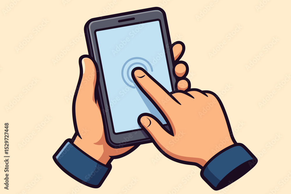 Poster hand holding mobile phone and finger tapping the touch screen. user interaction with a smartphone ap