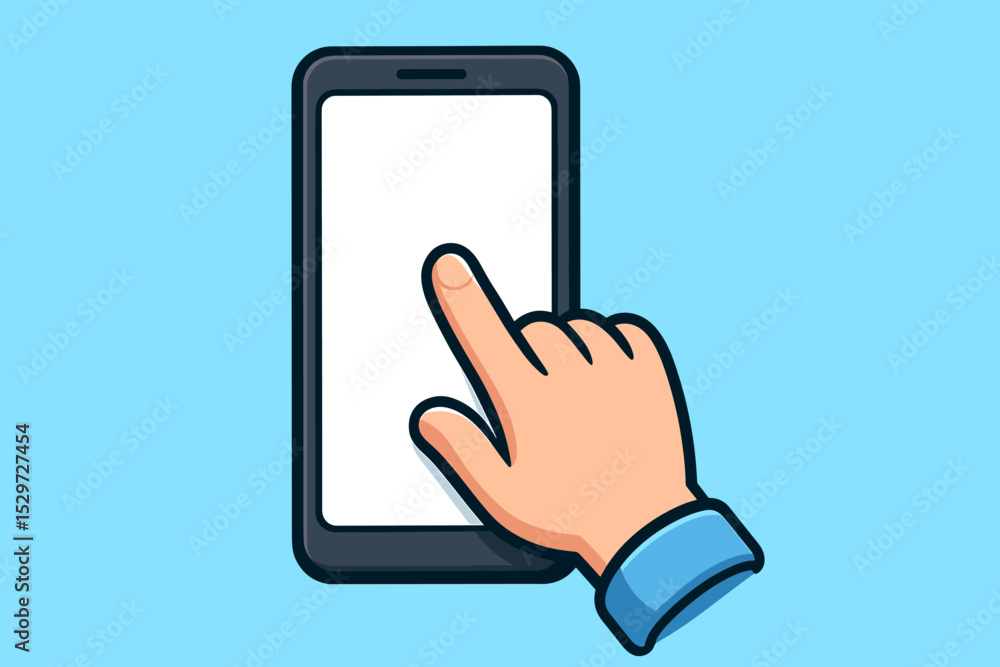 Poster hand touching phone screen. finger tapping smartphone. mobile device with blank white screen for moc