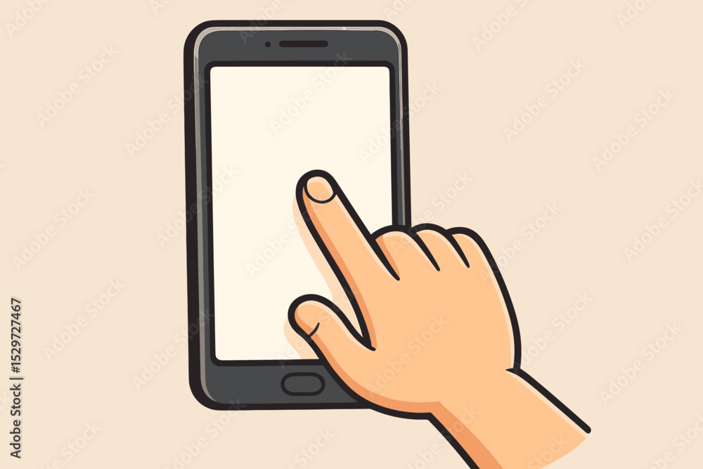 Poster hand pointing at smartphone screen. vector illustration of finger tapping mobile device with blank s