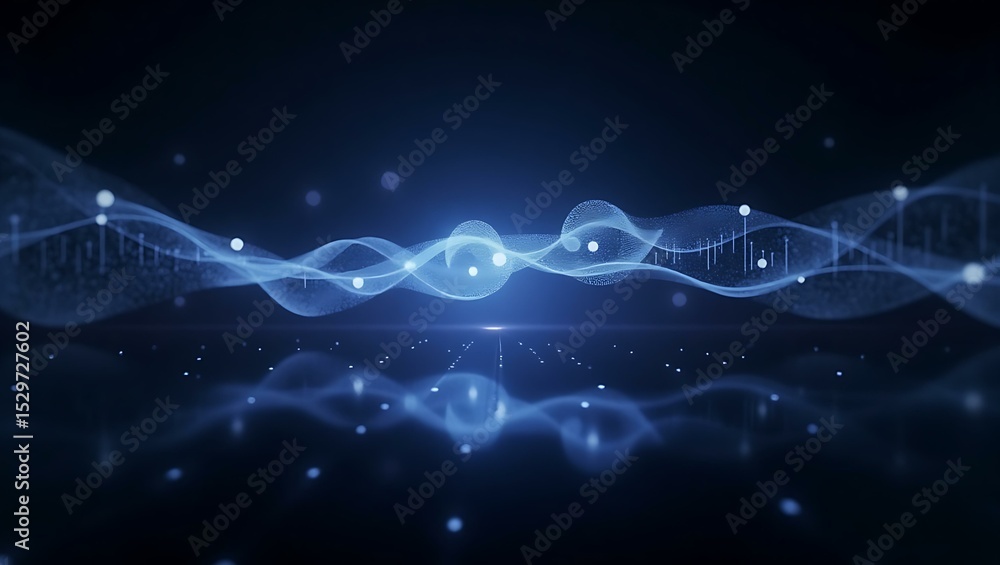 Poster abstract digital waves with glowing blue tones and particle effects, creating a futuristic vibe in a