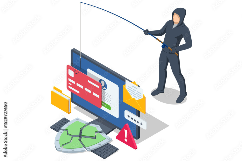 Aufkleber isometric depiction of a hooded hacker reeling in a credit-card panel from a computer screen, surrou
