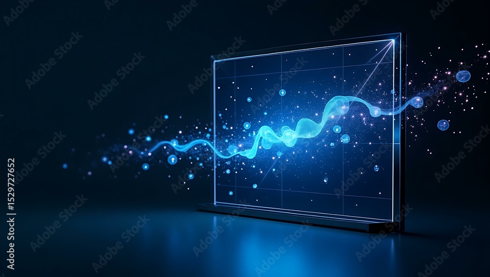 Poster a futuristic digital screen displaying vibrant blue data patterns and glowing particles in a dark se