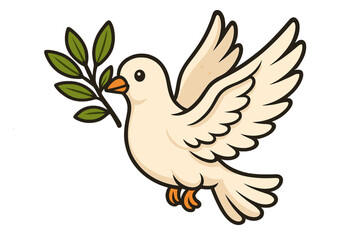 Obraz premium Cute peace dove flying with an olive branch. Cartoon white bird illustration, symbol of hope, freedom, and harmony. Isolated vector icon for peace day or spiritual concept.