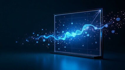 A futuristic digital screen displaying vibrant blue data patterns and glowing particles in a dark setting.