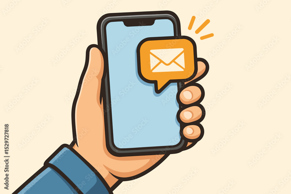 Aufkleber hand holding smartphone with new email message. notification icon alert in speech bubble. mobile com