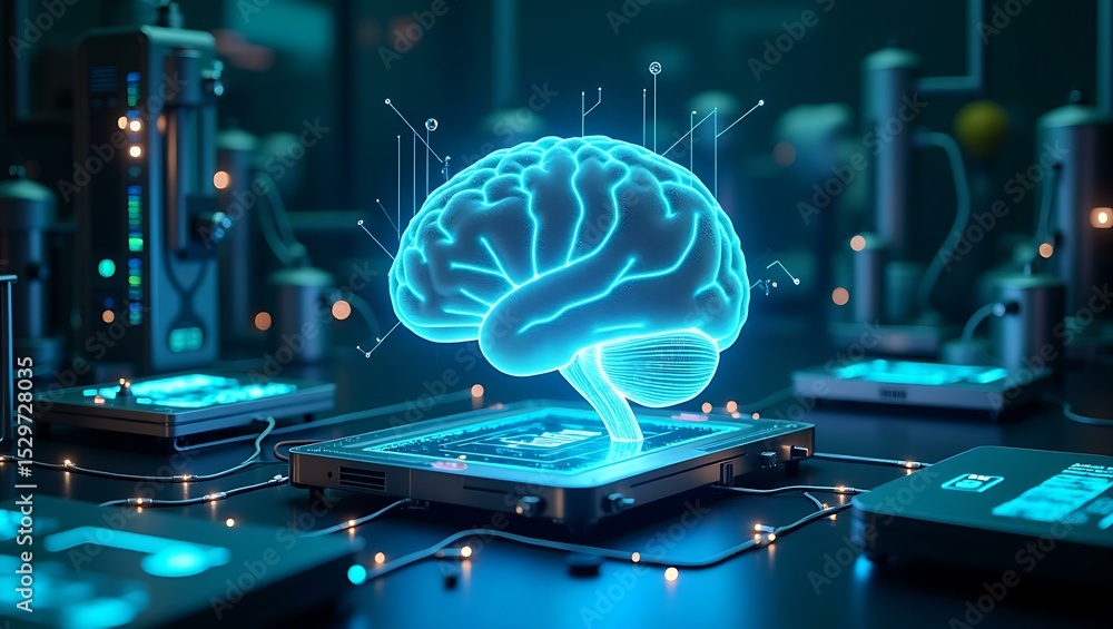 Poster an illuminated 3d representation of a brain integrated with technology, showcasing futuristic concep