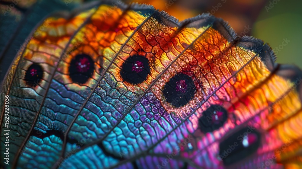 Poster an exquisite macro shot emphasizing the intricate patterns and vibrant colors of a butterfly's wing,