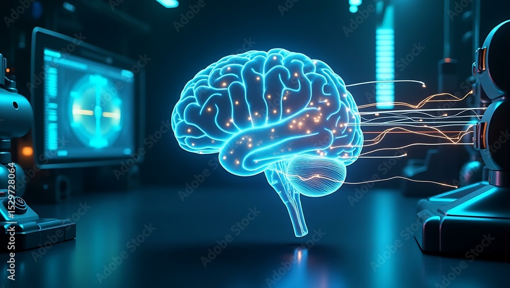 Poster a futuristic digital brain glows in a high-tech lab, surrounded by robotic elements and glowing scre