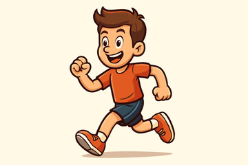 Happy cartoon boy character running. Cute smiling kid jogging in motion. Concept for sport, fitness, marathon, healthy lifestyle. Energetic child athlete. Vector mascot illustration.