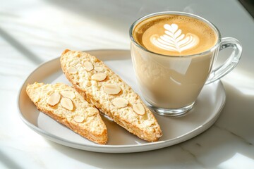 Biscotti cookies on a plate with a cup of cappuccino in sunlight  