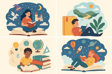 Set of illustrations with kids reading books and imagining worlds. Fantasy, space, adventure, education concepts. Vector art for literacy, school, library, World Book Day.