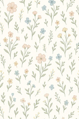 Delicate hand drawn wildflower seamless pattern. Botanical vector illustration with ditsy meadow flowers in soft pastel colors. Floral print for textile, fabric, and wallpaper design.