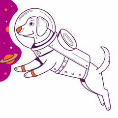 Cute Dog Astronaut in Space, Cartoon Illustration