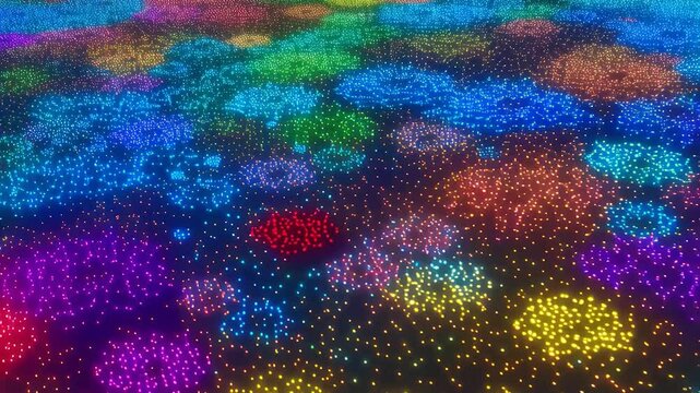 Colorful shimmering dots forming clustered digital pattern with rainbow spectrum on black background - festive abstract tech animation
