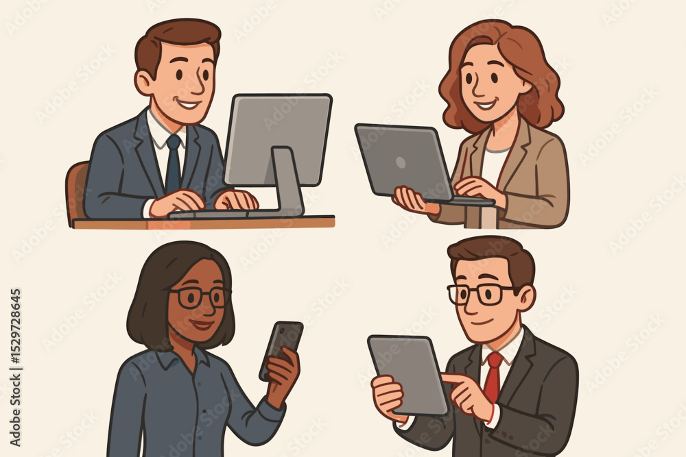 Poster set of diverse business people characters using technology. man and woman office workers with comput