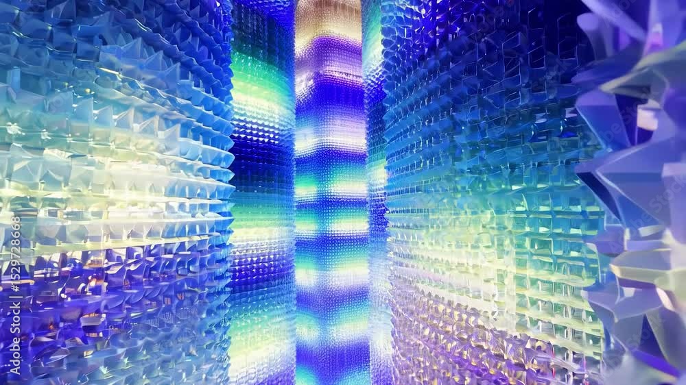 Poster abstract 3d tunnel of glowing blue and purple lights in data grid style - futuristic digital motion 