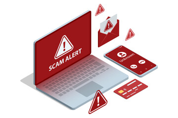 Isometric illustration of a laptop flashing Scam Alert, a red-flagged email, an unknown-call smartphone and credit card visualizing phishing threats and hacker fraud. Phishing attack