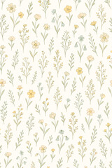 Gentle wildflower seamless pattern. Cute hand-drawn botanical illustration of ditsy meadow flowers. Vintage floral background in pastel colors. Rustic cottagecore textile print.