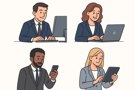Set of diverse business people working with digital devices. Man on computer, woman on laptop, man with smartphone, woman with tablet. Professional office workers cartoon illustration.