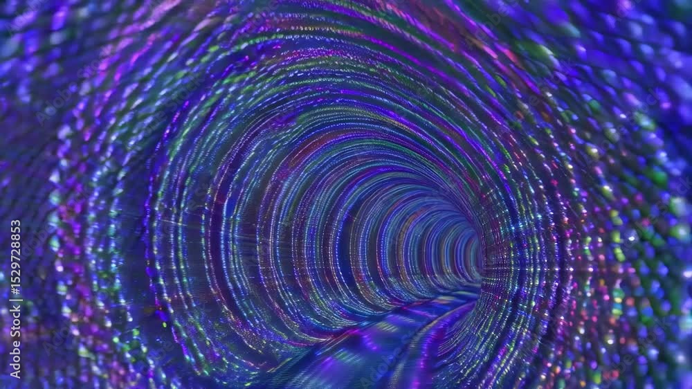 Poster digital tunnel of moving blue and purple dots in spiral pattern - abstract sci-fi animation with glo