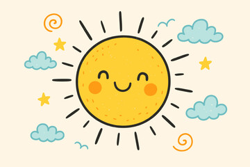 Cute smiling sun cartoon character. Hand drawn doodle style illustration. Cheerful sunny weather concept with clouds and stars for kids, baby shower, or nursery decoration vector.