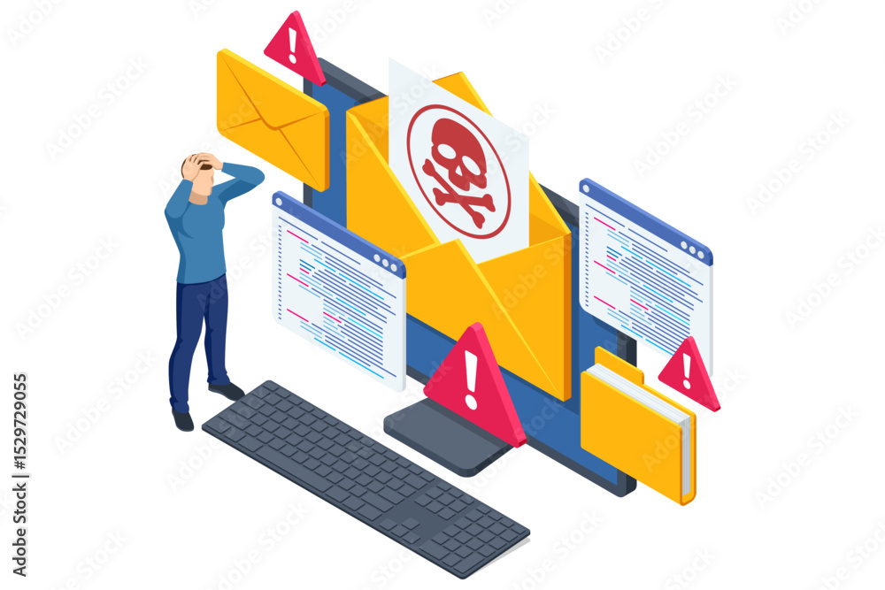 Poster isometric scene of a shocked user beside a giant malware-marked envelope erupting code windows and r