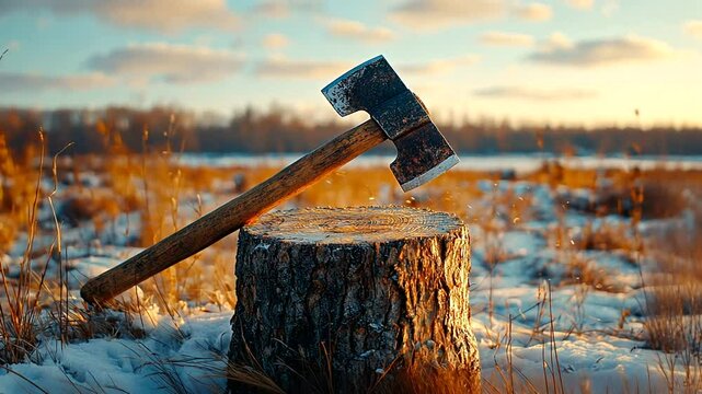 An axe resting on a wooden stump in a snowy landscape during sunset, with golden grass in the background