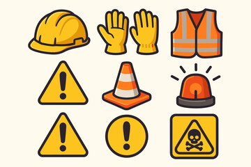 Safety equipment icon set for construction and industry. Vector collection of personal protective equipment, warning signs, hard hat, gloves, vest, cone, and hazard symbols.
