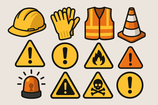 Safety equipment icons set. Vector collection of industrial and construction work protection gear. Personal protective equipment, hazard warning signs, helmet, vest, gloves, cone, danger.