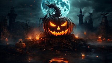 Halloween pumpkin jack o lantern scary spooky night full moon candles dark fantasy landscape background