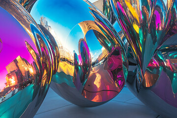 Close up of reflective metal sculpture with distorted city reflections and vibrant color gradients