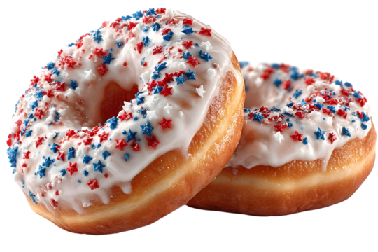 donut with icing and red blue star sprinkles, transparent background. America 4th of July celebration.