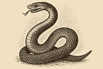 Obraz premium Vintage snake illustration in an engraved woodcut style. Hand-drawn serpent reptile sketch on old paper texture. Retro zoological scientific drawing for wildlife or tattoo design.