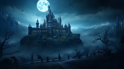 Spooky castle illustration haunted house under full moon fantasy landscape gothic architecture night scene art