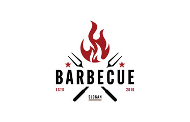 Vintage Retro Rustic BBQ Grill, Fire Flames, Barbecue, Barbeque Label Stamp Logo design vector