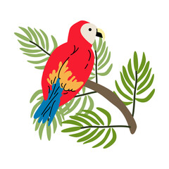 Tropical parrot perched on branch with lush green leaves.
