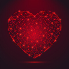 Red heart shape in low poly style. Charity donation concept. Abstract geometric lobe symbol with connected lines. Vector illustration isolated on dark background.