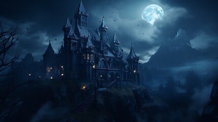 Dark gothic castle wallpaper background haunted house full moon night halloween spooky fantasy illustration