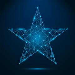 Blue star shape in low poly style. Geometric award symbol with connected lines. Feedback or achievement concept. Vector illustration isolated on dark background.