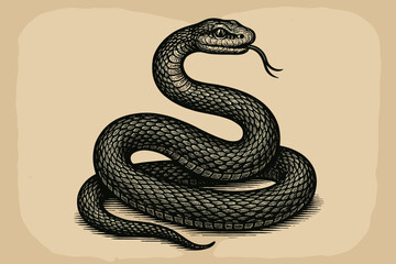 Vintage snake illustration in a detailed woodcut engraving style. Coiled black serpent reptile with forked tongue. Mythological animal drawing for tattoo, logo or occult design.