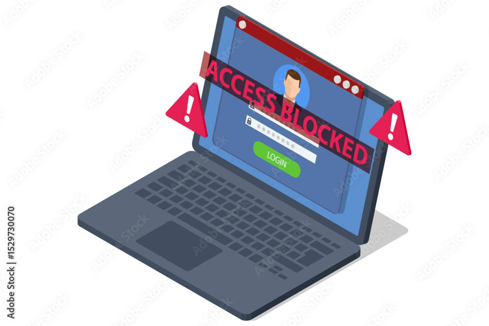 Aufkleber isometric illustration of a laptop flashing access blocked, a red-flagged email, an unknown-call sma