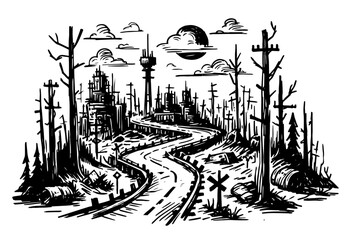 Fototapeta premium post-apocalyptic city landscape with road and dead trees in vector style