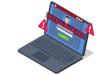 Isometric illustration of a laptop flashing Access Blocked, a red-flagged email, an unknown-call smartphone and credit card visualizing phishing threats and hacker fraud. Phishing attack