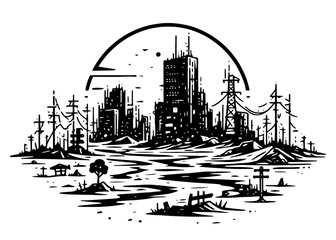 postapocalyptic city ruins with power lines and dead trees vector