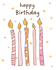 Cute Birthday Background, Hand Drawn, Doodle, Simple Background with Candles and Confetti, Happy Birthday Background