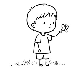 smiling boy with butterfly in cute cartoon outline style
