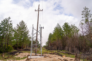 Power line amid a forest with a cloudy sky, surrounded by trees and rocky terrain, depicting rural connectivity and nature interaction. replacement of supports on the old line